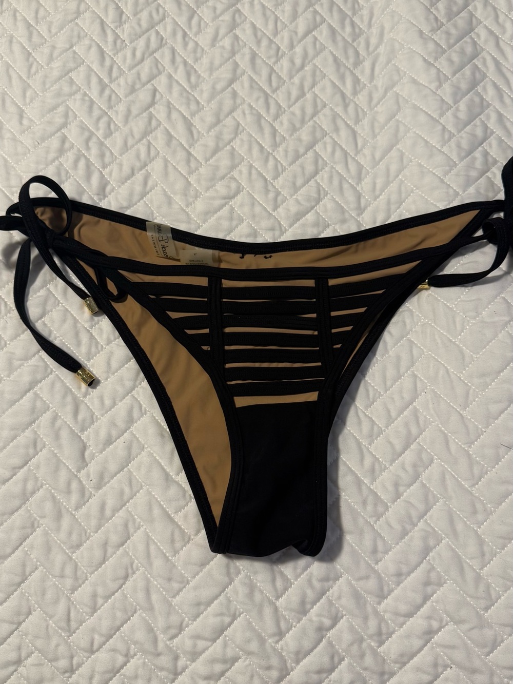 Beach Bunny Black Strappy Side-Tie Bikini Bottom with Nude Lining